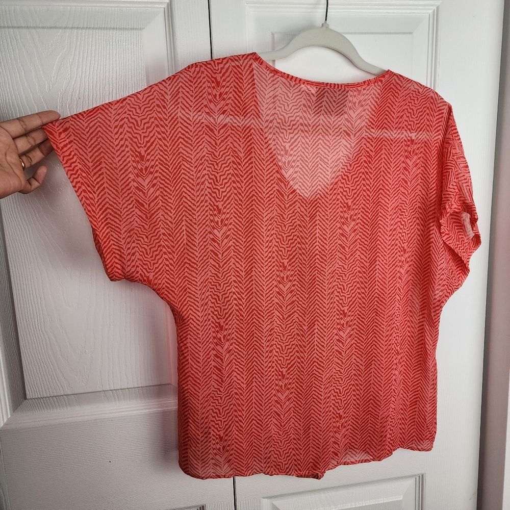 Anthropologie Maeve Silk Blouse M Coral Orange Chevron Print Short Sleeve Boho - Picture 11 of 15